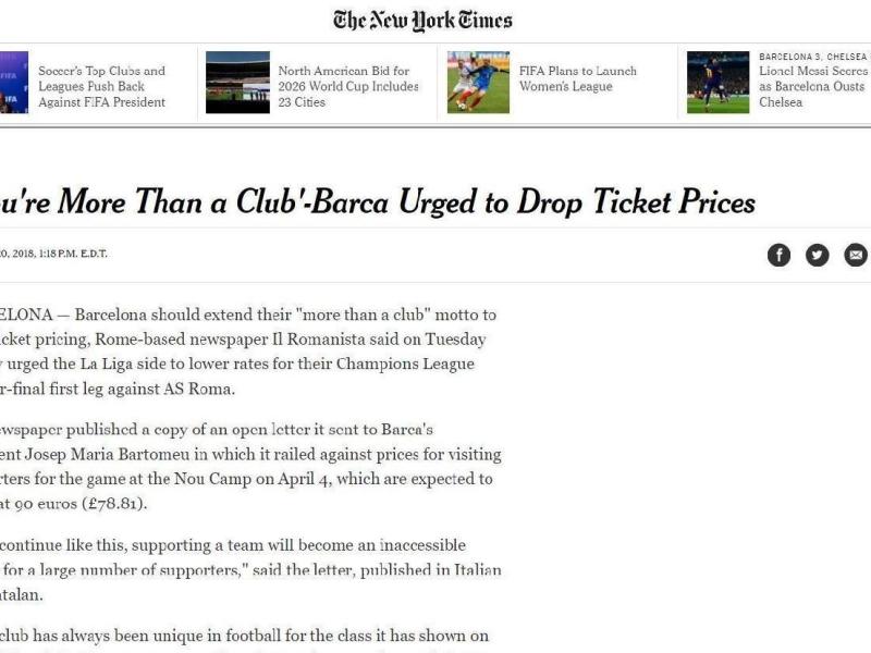 La lettera de Il Romanista è uscita sul sito del New York&nbsp;Times